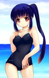 Rule 34 | 1girl, anise (medarot), artist name, bad id, bad pixiv id, bare shoulders, blue hair, blue sky, breasts, brown hair, cleavage, cloud, collarbone, commentary request, competition school swimsuit, contrapposto, cowboy shot, day, female focus, gradient background, gradient hair, hand on own chest, large breasts, long hair, looking at viewer, medarot, mone (14ri0000), multicolored hair, one-piece swimsuit, outdoors, purple hair, red eyes, school swimsuit, side ponytail, signature, sky, smile, solo, standing, swimsuit, swimsuit tug, water