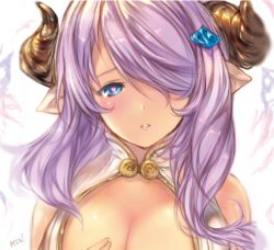 Rule 34 | 10s, 1girl, bare shoulders, blue eyes, breasts, cleavage cutout, clothing cutout, demon horns, draph, female focus, granblue fantasy, hair ornament, hair over one eye, heart, heart-shaped pupils, horns, large breasts, light purple hair, long hair, looking at viewer, min-naraken, narmaya (granblue fantasy), parted lips, pointy ears, solo, symbol-shaped pupils, upper body