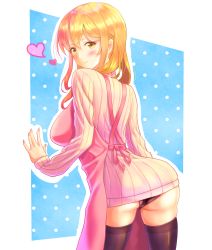 Rule 34 | 10s, 1girl, absurdres, apron, ass, black panties, black thighhighs, blonde hair, blush, breasts, brown eyes, commentary request, from behind, highres, long hair, looking back, no pants, nori (nori teatime), panties, pink apron, ribbed sweater, smile, solo, sunohara ayaka, sunoharasou no kanrinin-san, sweater, thighhighs, underwear, white sweater