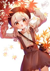 Rule 34 | 1girl, :o, absurdres, adjusting clothes, adjusting headwear, ahoge, alternate costume, alternate hairstyle, arms behind back, arms on head, autumn leaves, bag, bag charm, braid, brown sweater, casual, charm (object), chestnut mouth, commentary, contemporary, dodoco (genshin impact), feather necklace, frilled skirt, frills, genshin impact, hair between eyes, handbag, hat, highres, hiroi world, klee (genshin impact), leaf, light brown hair, long hair, long sleeves, looking at viewer, low twintails, maple leaf, necklace, orange eyes, plaid, plaid skirt, pointing, sidelocks, simple background, skirt, solo, stuffed animal, stuffed toy, suspender skirt, suspenders, sweater, twin braids, twintails, white background