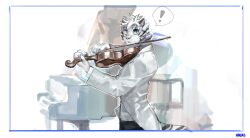 Rule 34 | !, 1boy, aged down, animal ears, arknights, blue eyes, facial hair, formal, furry, furry male, goatee, highres, holding, holding instrument, holding violin, instrument, looking at viewer, male focus, mountain (arknights), music, neumo, piano, playing instrument, short hair, solo, spoken exclamation mark, suit, thick eyebrows, tiger boy, tiger ears, violin, white fur, white hair, white suit, wide-eyed