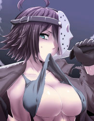 Rule 34 | 1girl, ahoge, black gloves, black hair, blue eyes, breasts, clothes lift, collarbone, covered erect nipples, friday the 13th, genderswap, genderswap (mtf), gloves, hockey mask, holding, holding sword, holding weapon, jason voorhees, large breasts, lifting own clothes, looking at viewer, mask, mask on head, mouth hold, over shoulder, pale skin, short hair, solo, sword, tank top, upper body, watarui, weapon, weapon over shoulder