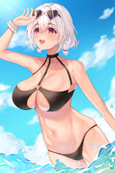 Rule 34 | 1girl, :d, absurdres, asm ln, azur lane, bare arms, bare shoulders, bikini, black bikini, blue sky, breasts, cleavage, collarbone, duplicate, eyewear on head, groin, halterneck, halterneck, heart, heart-shaped eyewear, highleg, highleg bikini, highres, huge breasts, low twintails, navel, o-ring, o-ring top, ocean, official alternate costume, open mouth, pink-framed eyewear, red eyes, scrunchie, shading eyes, short twintails, silver hair, sirius (azur lane), sirius (scorching-hot seirios) (azur lane), skindentation, sky, smile, solo, stomach, summer, sunglasses, swimsuit, tan, thigh strap, twintails, wading, white scrunchie, wrist scrunchie