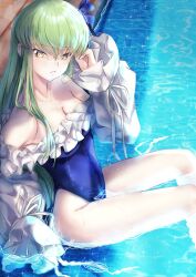 Rule 34 | 1girl, absurdres, blue one-piece swimsuit, breasts, budgiepon, c.c., cleavage, code geass, collarbone, cosplay, fate/grand order, fate (series), frills, green hair, highleg, highleg swimsuit, highres, long hair, looking at viewer, medium breasts, meltryllis, meltryllis (fate), meltryllis (fate) (cosplay), meltryllis (swimsuit lancer) (fate), meltryllis (swimsuit lancer) (fate) (cosplay), one-piece swimsuit, parted lips, pool, sitting, solo, swimsuit, yellow eyes