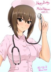 Rule 34 | 1girl, alternate costume, artist name, blue background, blush, breasts, brown eyes, brown hair, character name, closed mouth, dated, diesel-turbo, girls und panzer, gradient background, happy birthday, hat, highres, large breasts, looking at viewer, nishizumi maho, nurse, nurse cap, shiny skin, short hair, short sleeves, simple background, smile, solo, stethoscope, upper body