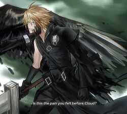Rule 34 | 2boys, aqua eyes, armor, battle, black cape, black coat, black feathers, black gloves, black pants, black vest, black wings, blonde hair, blood, blood from mouth, blood on face, bonley, cape, character name, clenched teeth, cloud strife, coat, cowboy shot, english text, falling feathers, feathered wings, feathers, fenrir (final fantasy), final fantasy, final fantasy vii, final fantasy vii advent children, furrowed brow, fusion swords, gloves, hair between eyes, hand on another&#039;s chin, highres, holding, holding sword, holding weapon, male focus, multiple boys, pants, popped collar, sephiroth, short hair, shoulder armor, single bare shoulder, single shoulder pad, single sleeve, single wing, spiked hair, subtitled, sword, teeth, torn clothes, torn sleeves, vest, waist cape, weapon, wings, yaoi