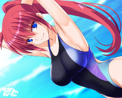 Rule 34 | 1girl, armpits, arms behind head, black one-piece swimsuit, blue eyes, breasts, competition swimsuit, cowboy shot, dutch angle, engo (aquawatery), highleg, highleg swimsuit, large breasts, long hair, lyrical nanoha, one-piece swimsuit, ponytail, red eyes, signum, solo, swimsuit