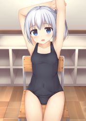 Rule 34 | 1girl, armpits, arms up, bad id, bad pixiv id, black one-piece swimsuit, blue eyes, chair, classroom, covered navel, highres, long hair, old school swimsuit, one-piece swimsuit, open mouth, original, school, school swimsuit, side ponytail, silver hair, sitting, smile, solo, swimsuit, thigh gap, thighs, usagi no suzu, usagino suzu