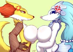 Rule 34 | 2girls, absurdres, angry, black sclera, breast press, breasts, colored sclera, creatures (company), delphox, eye contact, furry, game freak, gen 6 pokemon, gen 7 pokemon, hands on own hips, highres, large breasts, long hair, looking at another, multiple girls, nintendo, no humans, pokemon, pokemon (creature), primarina, simple background, sketch, symmetrical docking, tail, tailzkim, white eyes, yuri