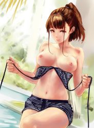 Rule 34 | 1girl, bikini, breasts, brown eyes, brown hair, day, gradient background, ha to mi, high ponytail, light smile, looking at viewer, medium breasts, navel, nipples, photo-referenced, ponytail, solo, swimsuit, undressing, water