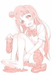 Rule 34 | 10s, 1girl, :d, barefoot, bow, dress shirt, feet, full body, hair bow, holding, holding shoes, loafers, long hair, looking at viewer, love live!, love live! school idol project, meito (maze), minami kotori, monochrome, open mouth, pleated skirt, shirt, shoes, unworn shoes, side ponytail, simple background, sitting, skirt, smile, socks, unworn socks, soles, solo, toes, white background