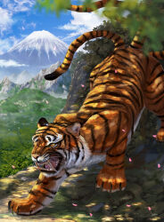 Rule 34 | animal, animal focus, bearluxe, blue sky, cherry blossoms, chinese zodiac, claws, cloud, fangs, forest, highres, mount fuji, mountainous horizon, multiple tails, nature, no humans, open mouth, orange eyes, original, signature, sky, solo, tail, tiger, tiger stripes, whiskers, year of the tiger
