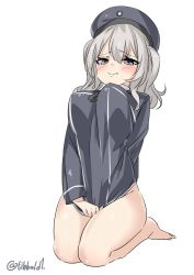 Rule 34 | 10s, 1girl, arm behind back, bad id, bad twitter id, bare legs, barefoot, blue eyes, blush, breasts, closed mouth, covering privates, covering crotch, dress, ebifurya, eyebrows, full body, groin, hair between eyes, hat, highres, inactive account, kantai collection, kashima (kancolle), large breasts, long sleeves, no panties, sailor dress, sailor hat, seiza, silver hair, simple background, sitting, solo, twintails, twitter username, undersized clothes, white background