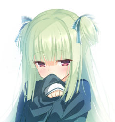Rule 34 | 1girl, blue bow, blue shirt, blush, bow, cariboy, covered mouth, green hair, hair bow, hand up, long hair, long sleeves, murasame (senren), senren banka, shirt, simple background, sleeves past wrists, solo, striped, striped bow, two side up, upper body, white background