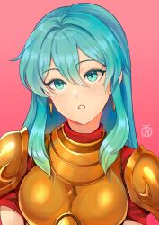 Rule 34 | 1girl, aqua eyes, aqua hair, armor, breastplate, commentary, earrings, eirika (fire emblem), english commentary, fire emblem, fire emblem: the sacred stones, hair between eyes, highres, jewelry, long hair, looking at viewer, nintendo, parted lips, red background, red shirt, revolverwing, shirt, short sleeves, shoulder armor, sidelocks, solo