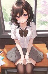 Rule 34 | 1girl, \||/, absurdres, black ribbon, black thighhighs, blush, breasts, brown eyes, brown hair, cherry blossoms, clothes lift, commentary request, desk, hand on own leg, highres, indoors, large breasts, long hair, looking at viewer, medium hair, minato ojitan, neckerchief, open mouth, original, pleated skirt, ribbon, school desk, school uniform, serafuku, shirt, sitting, skirt, skirt lift, solo, thighhighs, tree, white shirt, window
