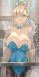 Rule 34 | 1girl, against glass, animal ears, areola slip, asuna (blue archive), asuna (bunny) (blue archive), bare shoulders, black pantyhose, blonde hair, blue archive, blue eyes, blue leotard, bow, bowtie, breasts, cleavage, covered navel, detached collar, fake animal ears, glass, gloves, hair over one eye, halo, highres, kakumayu, large breasts, leotard, long hair, looking at viewer, mole, mole on breast, open mouth, pantyhose, parted bangs, playboy bunny, rabbit ears, smile, solo, standing, steam, teeth, traditional bowtie, water drop, white gloves