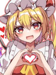 Rule 34 | 1girl, :d, adapted costume, ascot, blonde hair, blush, breasts, fang, flandre scarlet, frilled shirt collar, frilled sleeves, frills, hair between eyes, happy, hat, head tilt, heart, heart hands, highres, kiui (dagk8254), looking at viewer, medium hair, mob cap, open mouth, outline, puffy short sleeves, puffy sleeves, red eyes, red outline, red vest, shirt, short sleeves, side ponytail, simple background, small breasts, smile, solo, touhou, vest, white background, white hat, white shirt, yellow ascot