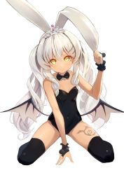 Rule 34 | 1girl, animal ears, bare arms, bare shoulders, black bow, black bowtie, black leotard, black thighhighs, black wings, bow, bowtie, breasts, closed mouth, dampi, dark-skinned female, dark skin, demon wings, detached collar, full body, hand up, highres, kneeling, leotard, long hair, looking at viewer, rabbit ears, sidelocks, silver hair, simple background, small breasts, solo, soulworker, tattoo, thighhighs, tiara, white background, wings, wrist cuffs, yellow eyes