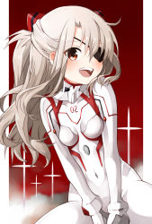 Rule 34 | 1girl, blush, bodysuit, breasts, cosplay, evangelion: 3.0+1.0 thrice upon a time, eyepatch, fate/kaleid liner prisma illya, fate (series), highres, illyasviel von einzbern, long hair, looking at viewer, mochi (k620803n), neon genesis evangelion, open mouth, plugsuit, rebuild of evangelion, red eyes, small breasts, smile, solo, souryuu asuka langley (cosplay), two side up, very long hair, white bodysuit, white hair