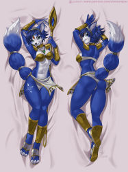 Rule 34 | 1girl, alan campos, animal ears, animal feet, animal nose, aqua eyes, arm up, armor, armpits, arms up, artist name, ass, bed sheet, blue fur, blue hair, body fur, breasts, choker, circlet, claws, collarbone, dakimakura (medium), dated, female focus, fox ears, fox tail, from above, full body, furry, furry female, hand up, highres, jewelry, krystal, loincloth, looking at viewer, looking back, lying, medium breasts, multiple views, navel, necklace, nintendo, on back, on stomach, panties, patreon logo, patreon username, sandals, short hair, signature, smile, snout, staff, star fox, tail, teeth, tiara, two-tone fur, underwear, vambraces, watermark, web address, white fur, white panties, yellow footwear