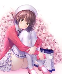 Rule 34 | 1girl, bad id, bad pixiv id, bag, beret, blush, brown eyes, brown hair, cardigan, cherry blossoms, closed mouth, frilled thighhighs, frills, hat, highres, hugging own legs, katou megumi, knees up, legs together, looking at viewer, mary janes, pasdar, pink footwear, saenai heroine no sodatekata, shoes, short hair, sitting, smile, solo, tareme, thighhighs, thighs
