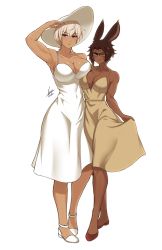 Rule 34 | 2girls, :/, ;), airisubaka, animal ears, arm up, armpits, artist name, bare arms, bare shoulders, breasts, brown dress, brown footwear, brown hair, cleavage, collarbone, commentary, copyright request, dark-skinned female, dark skin, dress, english commentary, facial mark, final fantasy, final fantasy xiv, forehead mark, full body, glasses, hair between eyes, half-closed eyes, hat, highres, large breasts, looking at viewer, multiple girls, one eye closed, parted bangs, purple eyes, rabbit ears, shoes, short hair, signature, simple background, skirt hold, sleeveless, sleeveless dress, smile, spaghetti strap, standing, sun hat, sundress, toned, warrior of light (ff14), whisker markings, white background, white dress, white footwear, white hair