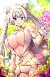 Rule 34 | 1girl, arm guards, bare shoulders, blue eyes, blurry, blurry background, blush, breasts, britomart (fate), britomart (second ascension) (fate), capelet, center opening, cleavage, double bun, dress, elbow gloves, fate/grand order, fate (series), flower, gloves, gold trim, grey hair, hair bun, hairband, highres, large breasts, long hair, looking at viewer, pants, pointy ears, sakura tsubame, smile, solo, thighs, tight clothes, tight pants, twintails, very long hair, white capelet, white dress, white gloves, white pants