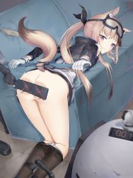 Rule 34 | 1girl, absurdres, animal ears, arknights, ass, ass press, cardigan (arknights), highres, long hair, panties, punishment, spanked, spanking, tail, underwear, zzbbc