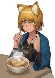 Rule 34 | 1girl, absurdres, alternate costume, animal ear fluff, animal ears, black shirt, blonde hair, blush, bowl, chanta (ayatakaoisii), chopsticks, collarbone, commentary request, food, fox ears, hands up, haori, highres, holding, holding chopsticks, japanese clothes, long sleeves, looking at viewer, no headwear, parted lips, shirt, short hair, simple background, slit pupils, solo, soup, steam, table, touhou, upper body, white background, wide sleeves, yakumo ran, yellow eyes