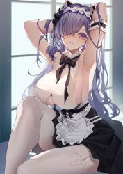 Rule 34 | 1girl, absurdres, armpits, august von parseval (azur lane), august von parseval (the conquered unhulde) (azur lane), azur lane, black bow, black bowtie, blush, bow, bowtie, breasts, feet out of frame, hair between eyes, hair over one eye, hands in hair, highres, large breasts, long hair, looking at viewer, maid, maid headdress, official alternate costume, purple eyes, purple hair, shiro kanae, sideboob, simple background, sitting, solo, thighhighs, white thighhighs, window