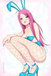 Rule 34 | blush, commission, crouching, fishnets, high heels, highres, hiyozuki, jewelry bonney, lipstick, looking at viewer, makeup, nail polish, naughty face, one piece, piercing, pink hair, rabbit ears, rabbit tail