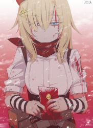 Rule 34 | 1girl, arm warmers, artist name, bandana, blonde hair, blood, blood on arm, blood on face, blood on hands, blue eyes, boca, commentary, envelope, fnc (girls&#039; frontline), girls&#039; frontline, hair ornament, hairclip, long hair, looking at viewer, solo, torn clothes, upper body