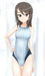 Rule 34 | 10s, 1girl, bad id, bad pixiv id, bare arms, bare shoulders, brown eyes, brown hair, clenched hand, collarbone, competition swimsuit, girls und panzer, hand on own hip, highres, long hair, mika (girls und panzer), narrow waist, one-piece swimsuit, simple background, solo, standing, striped clothes, striped one-piece swimsuit, swimsuit, takafumi, thigh gap