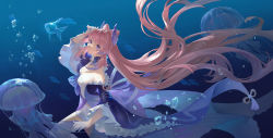 Rule 34 | air bubble, babydoll, bare shoulders, bow-shaped hair, breasts, bubble, closed mouth, colored tips, detached sleeves, floating hair, frilled babydoll, frilled sleeves, frills, genshin impact, gloves, gradient hair, half gloves, highres, jellyfish, long hair, medium breasts, multicolored hair, pink hair, purple hair, sangonomiya kokomi, shuang wu, smile, tassel, thighhighs, thighs, two-tone hair, underwater, very long hair, water, white gloves, white thighhighs