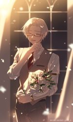 Rule 34 | 1boy, :d, bouquet, brown vest, closed eyes, flower, glasses, highres, holding, holding bouquet, koeda (k83 4), necktie, open mouth, polo shirt, red necktie, rose, shirt, short hair, sleeves rolled up, smile, solo, tears of themis, vest, vyn richter (tears of themis), white flower, white hair, white rose, white shirt, window