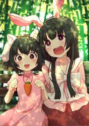 Rule 34 | 2girls, :3, :d, animal ears, arms at sides, bamboo, bamboo forest, bench, black hair, blouse, blurry, bow, carrot necklace, cat ears, commentary request, dappled sunlight, day, depth of field, dress, facing viewer, fake animal ears, fang, forest, highres, hime cut, houraisan kaguya, inaba tewi, japanese clothes, jewelry, long hair, looking up, multiple girls, nature, necklace, open mouth, outdoors, paw pose, pink dress, pink shirt, puffy short sleeves, puffy sleeves, rabbit ears, red eyes, red skirt, shirt, short hair, short sleeves, side-by-side, sidelocks, sitting, skirt, smile, sunlight, touhou, tsukimirin, upper body, white bow
