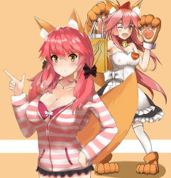 Rule 34 | 10s, 2girls, 5-shiki, absurdres, ahoge, animal ears, apron, bare shoulders, bell, blush, bow, bra, breasts, casual, cleavage, collar, collarbone, dual persona, fang, fate/extra, fate/extra ccc, fate/grand order, fate (series), fox ears, fox tail, hair bow, hair ribbon, hand on own hip, highres, large breasts, long hair, looking at viewer, maid apron, multiple girls, neck bell, one eye closed, open mouth, orange background, pink bra, pink hair, ribbon, simple background, standing, tail, tamamo (fate), tamamo cat (fate), tamamo no mae (fate/extra), tamamo no mae (spring casual) (fate), twintails, underwear, white legwear, yellow eyes