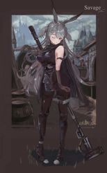 Rule 34 | 1girl, animal ears, arknights, arm strap, bare shoulders, black gloves, black pantyhose, black shirt, boots, border, breasts, brown border, building, castle, character name, commentary, full body, gloves, grey hair, highres, large breasts, long hair, looking at viewer, one eye closed, outdoors, pantyhose, rabbit ears, savage (arknights), shirt, short twintails, solo, standing, thigh boots, thighhighs, twintails, vea (v ea ), very long hair, war hammer, weapon