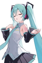 Rule 34 | 1girl, arm tattoo, black skirt, black sleeves, blue hair, blue necktie, closed eyes, collared shirt, commentary, detached sleeves, dress shirt, english commentary, grey shirt, hair between eyes, hair ornament, hatsune miku, headphones, highres, long hair, long sleeves, miniskirt, necktie, number tattoo, open mouth, pleated skirt, rakugaki ningen, shirt, simple background, skirt, sleeveless, sleeveless shirt, solo, standing, tattoo, twintails, very long hair, vocaloid, white background, wing collar