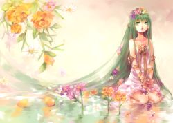 Rule 34 | 1girl, absurdres, bad id, bad pixiv id, bare shoulders, bouquet (vocaloid), dress, flower, green eyes, green hair, hair flower, hair ornament, hatsune miku, highres, holding, long hair, matching hair/eyes, open mouth, reina343, ribbon, seiza, sitting, sleeveless, sleeveless dress, solo, very long hair, vocaloid