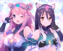 Rule 34 | 2girls, ;d, animal ear fluff, animal ears, bare shoulders, black dress, black gloves, black hair, blue flower, blue rose, blush, breasts, brown eyes, closed mouth, commentary request, crescent, crop top, dress, elbow gloves, flower, gloves, glowing, gucchiann, hair between eyes, hair rings, hand up, hatsune (princess connect!), highres, long hair, looking at viewer, medium breasts, multiple girls, one eye closed, open mouth, pink flower, pink hair, pink rose, princess connect!, purple eyes, purple flower, purple rose, rose, shiori (princess connect!), siblings, sisters, sleeveless, sleeveless dress, small breasts, smile, star (symbol), tiger ears, upper body, very long hair, w