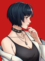 Rule 34 | 1girl, absurdres, black dress, black hair, breasts, choker, cleavage, doctor, dress, highres, ikhwan maulana, jewelry, lab coat, large breasts, medium breasts, necklace, persona, persona 5, red background, red lips, red nails, short hair, simple background, solo, takemi tae, upper body