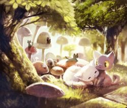 Rule 34 | :3, = =, animal focus, cat, closed mouth, day, closed eyes, forest, grass, highres, manino (mofuritaionaka), mushroom, nature, no humans, original, smile