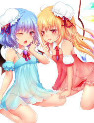 Rule 34 | 2girls, ;o, alternate costume, ascot, bare legs, bare shoulders, barefoot, blonde hair, breasts, brooch, chemise, commentary request, crystal, detached collar, detached sleeves, empire waist, finger to mouth, flandre scarlet, hat, hat ribbon, jewelry, lingerie, long hair, looking at another, looking at viewer, mini hat, mob cap, multiple girls, navel, necktie, one eye closed, panties, puffy short sleeves, puffy sleeves, purple hair, purple panties, red eyes, red neckwear, red ribbon, remilia scarlet, ribbon, rimu (kingyo origin), see-through, short sleeves, siblings, side ponytail, sisters, small breasts, tongue, tongue out, touhou, underwear, white panties, wings, yawning