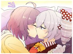 Rule 34 | 2girls, absurdres, ahoge, blush, bow, bronya zaychik, brown jacket, collared shirt, commentary, drill hair, english text, from side, gloves, grey hair, hair between eyes, hair bow, highres, honkai (series), honkai impact 3rd, hood, hood down, hooded jacket, jacket, kiss, multiple girls, notice lines, orange vest, polka dot, polka dot bow, prjctbnny, profile, purple eyes, purple hair, red bow, seele vollerei, shirt, striped clothes, striped shirt, symbol-only commentary, twin drills, twintails, vertical-striped clothes, vertical-striped shirt, vest, white gloves, yellow bow, yellow jacket, yuri