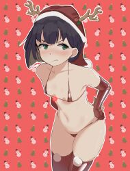 Rule 34 | absurdres, antlers, arms at sides, bad id, bad pixiv id, bare shoulders, bikini, blue hair, blush, border, breasts, character request, chocpocalypse, christmas, christmas tree, clenched teeth, collarbone, dark blue hair, dressing, elbow gloves, embarrassed, gloves, green eyes, hair between eyes, hat, highres, horns, leaning forward, looking at viewer, micro bikini, nose blush, pursed lips, red background, red bikini, red thighhighs, reindeer antlers, santa hat, shiny skin, short hair, simple background, small breasts, snowman, source request, standing, stomach, string bikini, swimsuit, teeth, thick thighs, thighhighs, thighs, white border