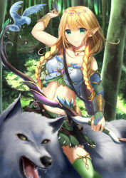 Rule 34 | 1girl, absurdres, animal, arm up, arrow (projectile), bare shoulders, bird, blonde hair, bow (weapon), braid, bridal gauntlets, closed mouth, collarbone, commentary request, crop top, day, elf, flower, forest, green eyes, green skirt, hair between eyes, hair flower, hair ornament, highres, holding, holding arrow, holding bow (weapon), holding weapon, long hair, looking at viewer, low twintails, nature, navel, open mouth, original, outdoors, pink flower, pointy ears, riding, sharp teeth, single bridal gauntlet, skirt, smile, solo, teeth, twin braids, twintails, very long hair, weapon, wolf, yellow eyes, yukimochi kinako