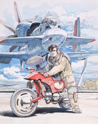 Rule 34 | 1boy, aircraft, airplane, brown hair, cloud, highres, honneamise no tsubasa, male focus, motor vehicle, motorcycle, official art, outdoors, shirotsugh lhadatt, sky, solo, spacesuit, vehicle