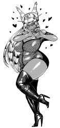 Rule 34 | 10s, 1girl, animal print, bad id, bad pixiv id, bare shoulders, boots, breasts, dark, dress, full body, ganguro, greyscale, heart, heart hands, high heel boots, high heels, highres, huge breasts, jewelry, kantai collection, leopard print, long hair, monochrome, nagato (kancolle), necklace, plump, short dress, simple background, solo, synecdoche, thigh boots, thighhighs